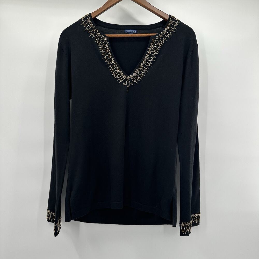 J McLaughlin Sweater Womens Medium Black Gold Beaded Neckline‎ Classy Timeless